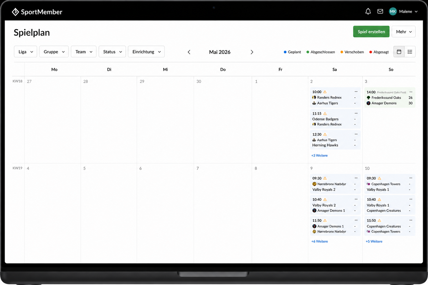 Spielplan in SportMember – die Termine erscheinen automatisch im Widget